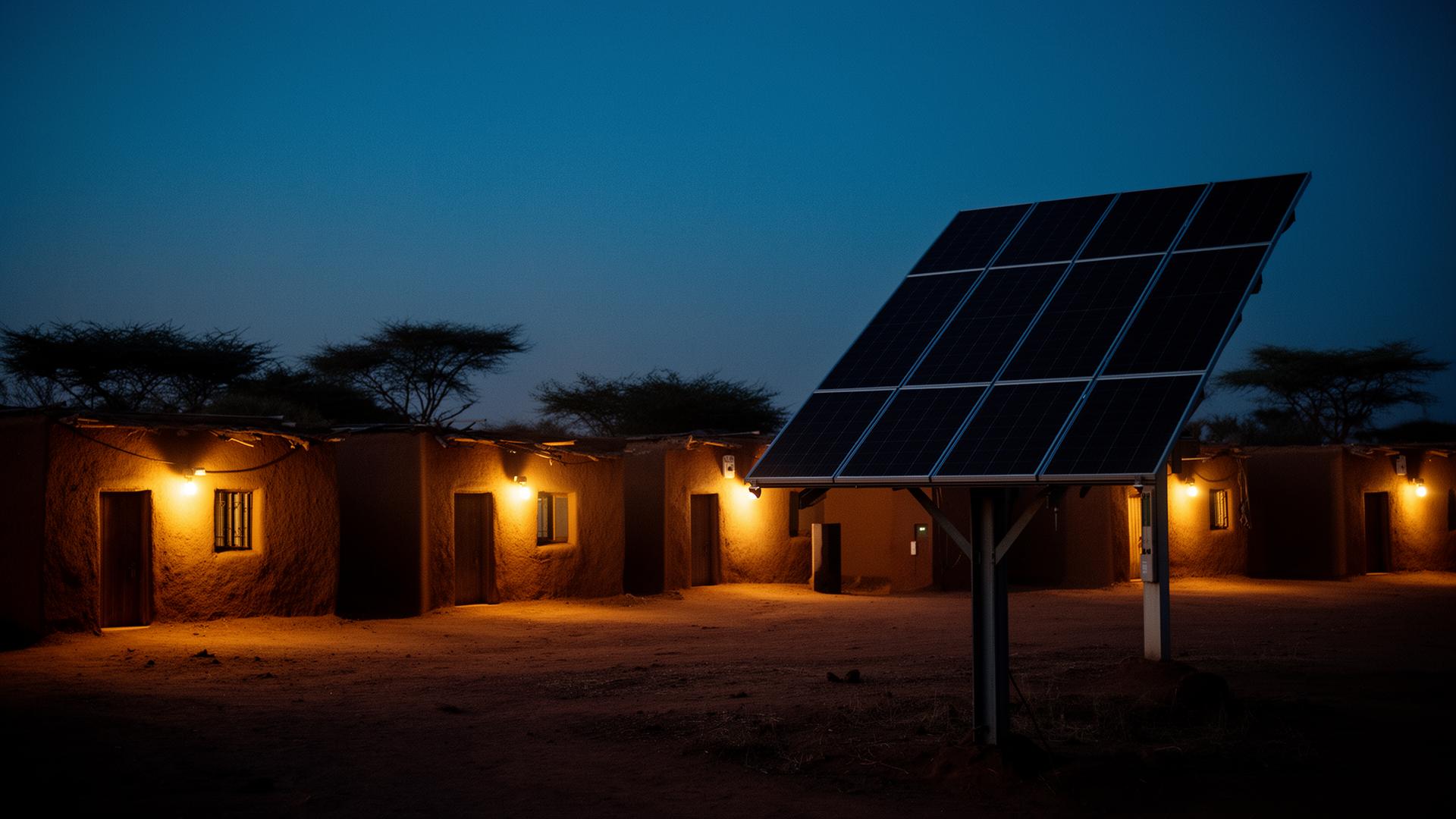 Rural East African village powered by a solar mini-grid at dusk